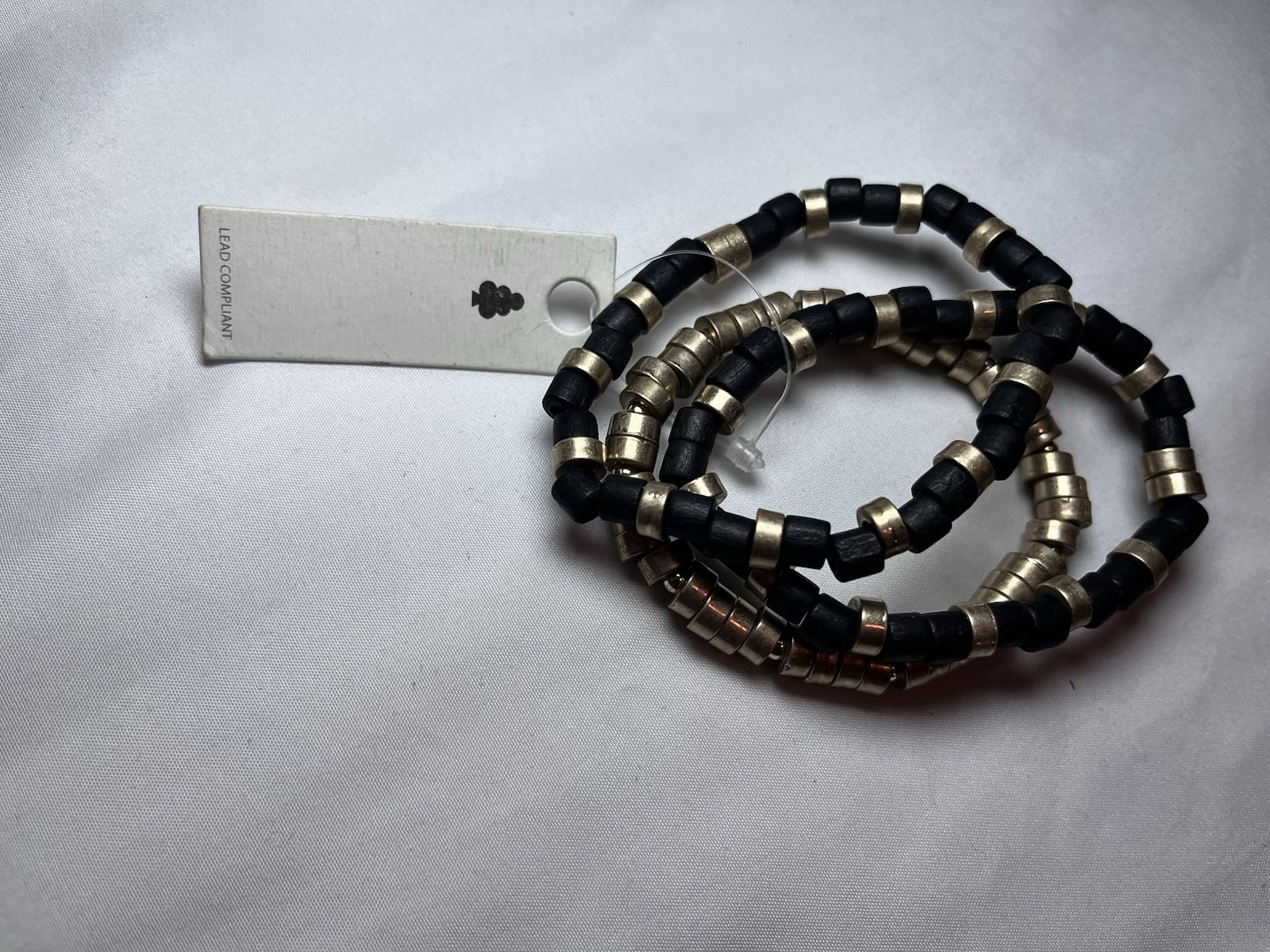 Lead Compliant Black Gold Beaded Stretch Bracelet Set Wood Metal BW71044