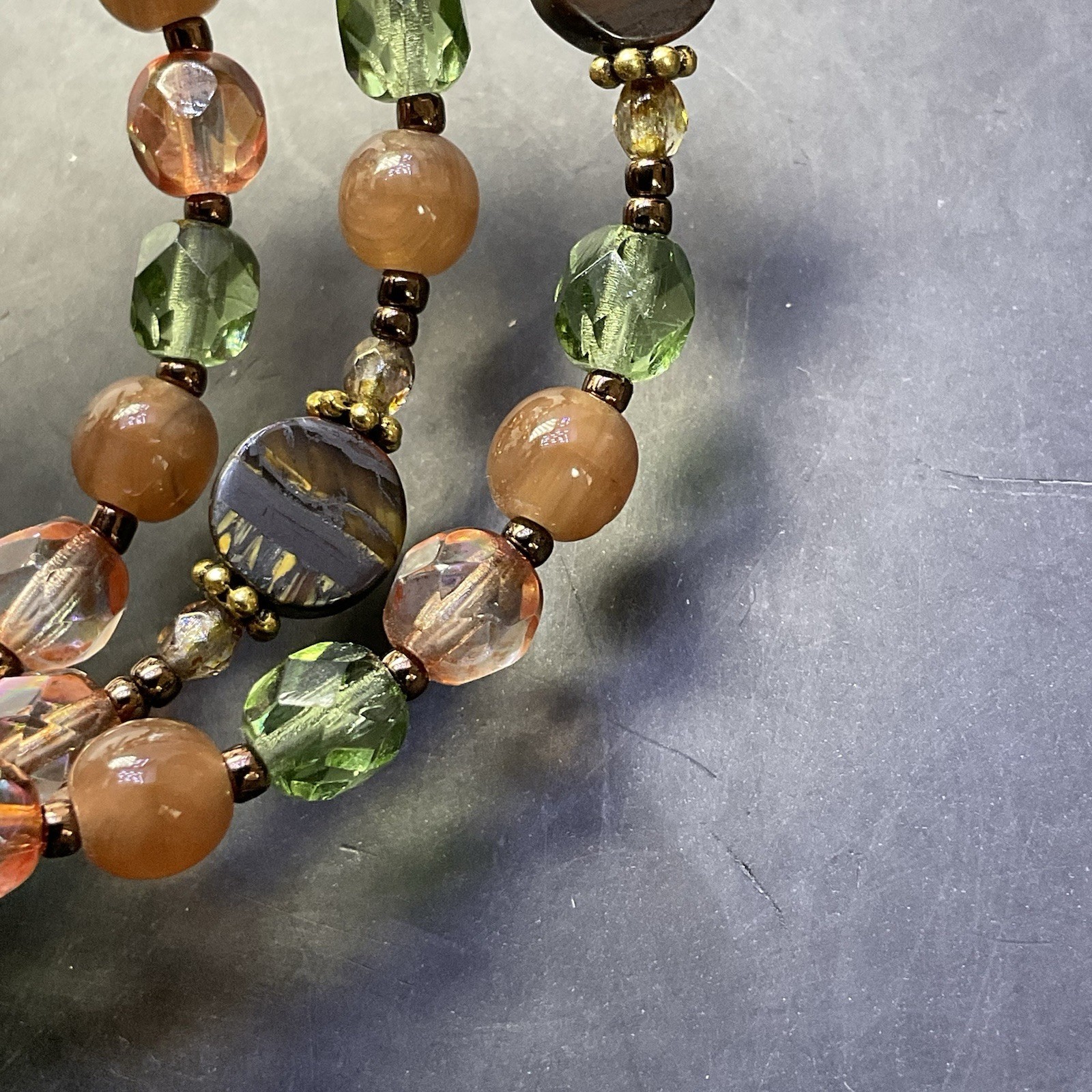 Rosary Wrap Beaded Bracelet Memory Wire Golden Cross Charm Green Orange Beads