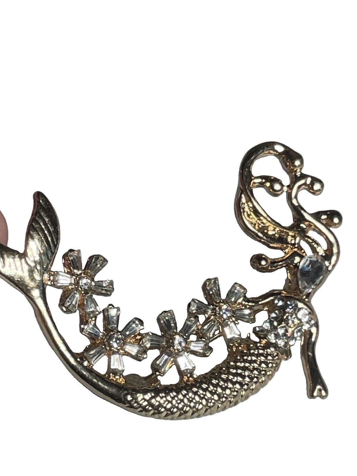 Gold Tone Mermaid Brooch Pin Clear Rhinestone Crystal Ocean Nautical Jewelry