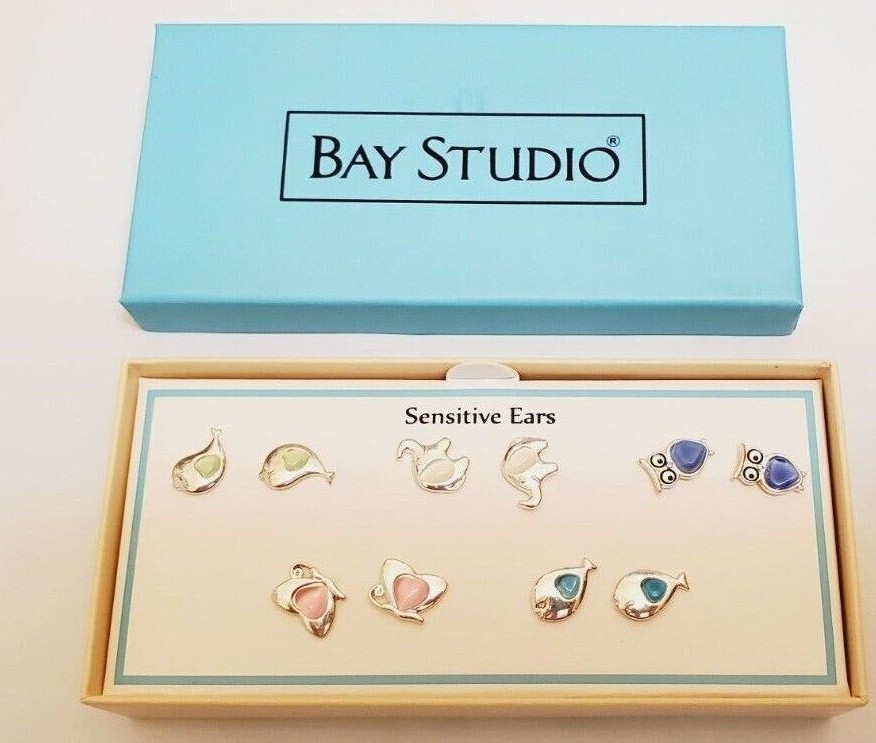Bay Studio Stud Back Earrings 5 Pair Sensitive Ears Birds Elephants Fish Owls