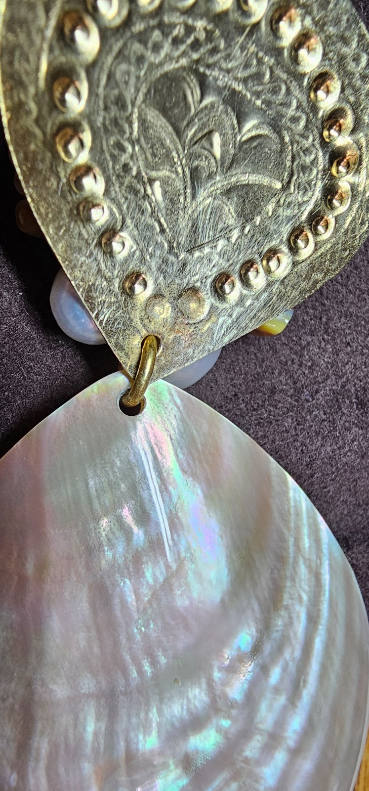 2 Large Mother of Pearl Seashell Necklaces w/Carved, Gilded & Stamped Components