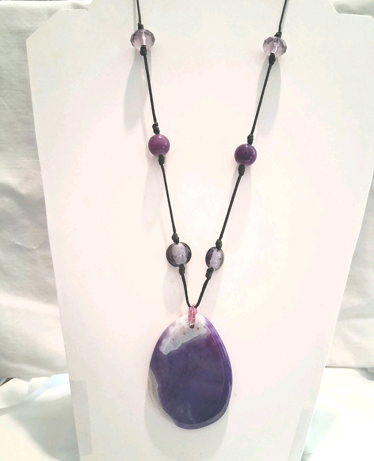 Purple Agate Oval Charm Pendant Beaded Cord Necklace, Purple/White Stone