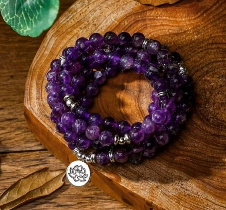 Amethyst Mala Beads 108 Necklace Lotus Charm Bracelet for Prayer Meditation Yoga