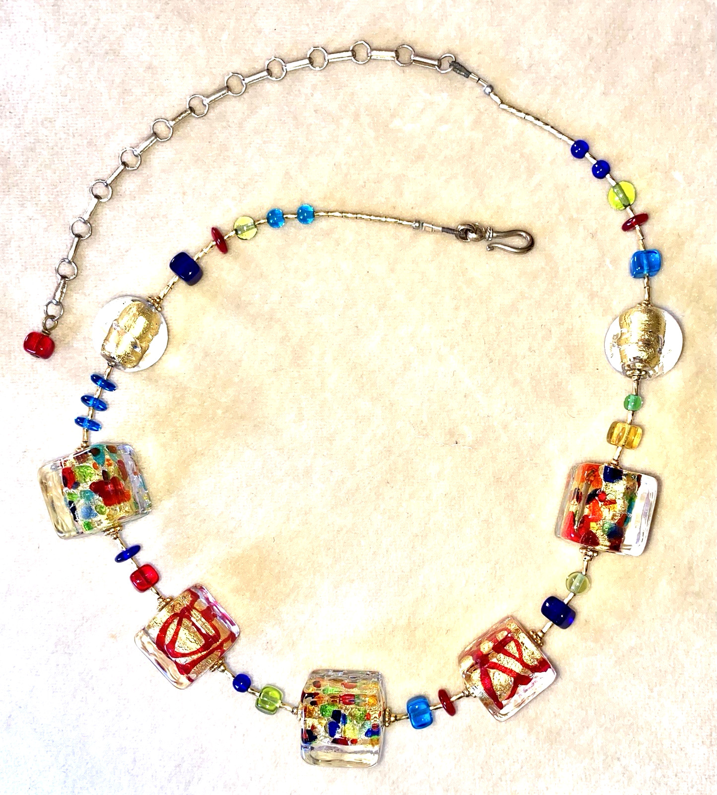 MURANO VENETIAN GLASS Necklace BIG GOLD FOIL SQUARE Beads 21″ Long