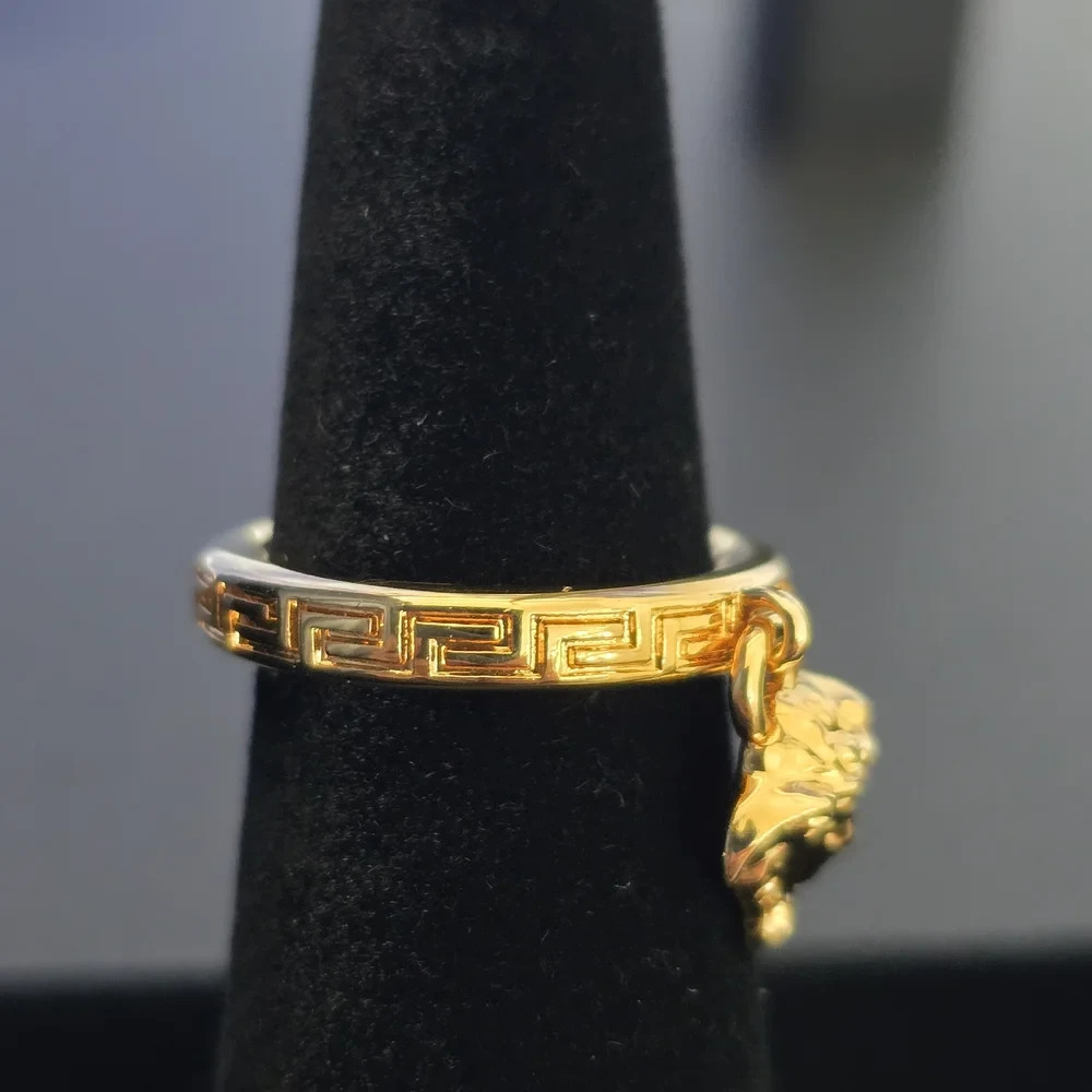 NWT Versace Greca Gold Tone Medusa Charm Ring Light Gold Authentic