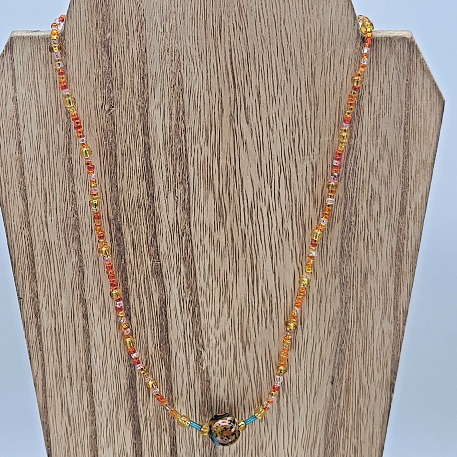 Orange, Yellow & Clear Seed Bead Necklace w Multi-Color Swirled Glass Pendant
