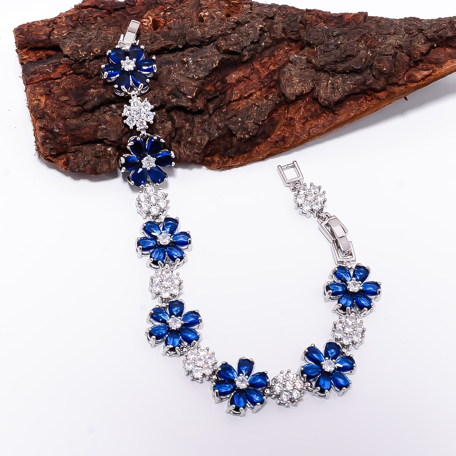 Blue Sapphire -Simulated, CZ 925 Sterling Silver Adjustable Bracelet 7-8″ B2628