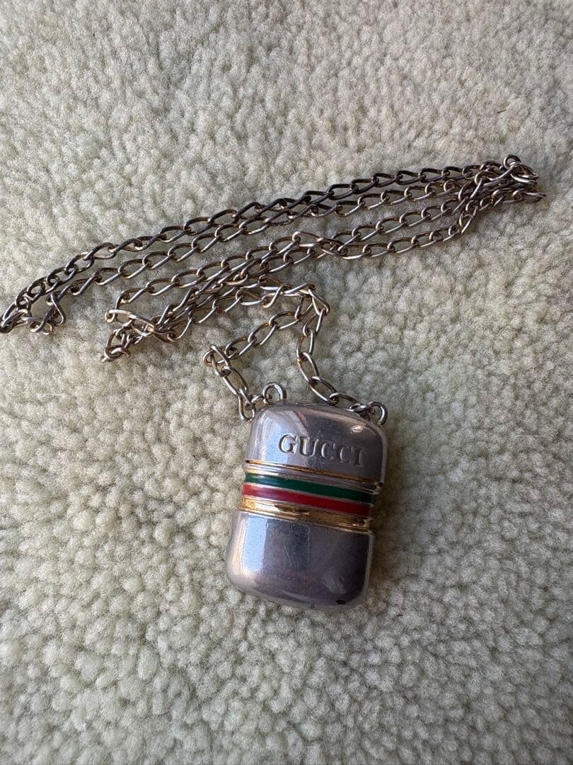 Gucci Vintage Web Stripe Perfume Bottle Necklace with Logo Gold Made in Italy