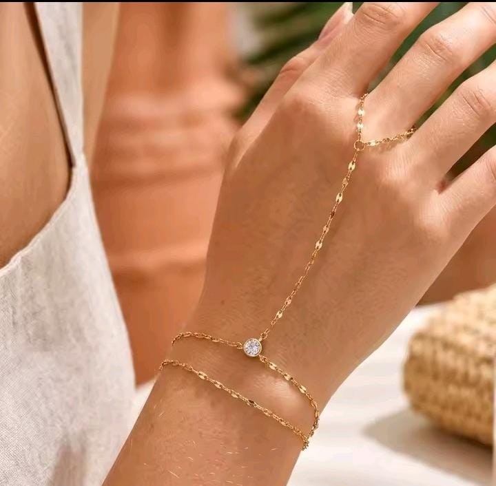 Gold Tone Hand Chain Bracelet Ring Adjustable Stainless Steel Finger Bracelet