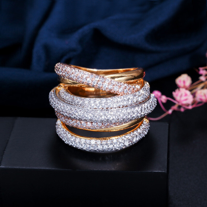 CWWZircons Luxury Design Gold Geometry Cubic Zirconia Big Wedding Finger Ring