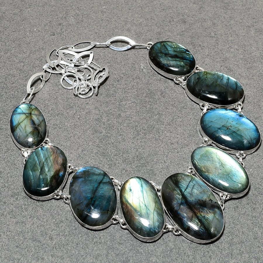 Blue Fire Labradorite Oval Shape Gemstone Necklace Handmade Jewelry 18″ DN 6770