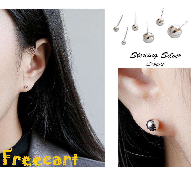 S925 Sterling Silver Round Ball Stud Earrings High Polished Butterfly Post Backs
