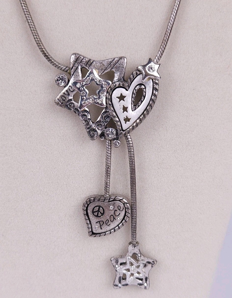 Chico’s Silvertone Peace Love Freedom Lariat Star Heart Rhinestone Necklace