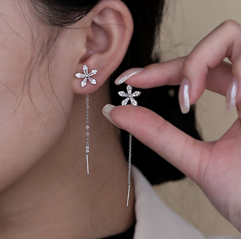 925 Silver Plated Clover Flower CZ Dangle Pull Through Threader Earrings AD