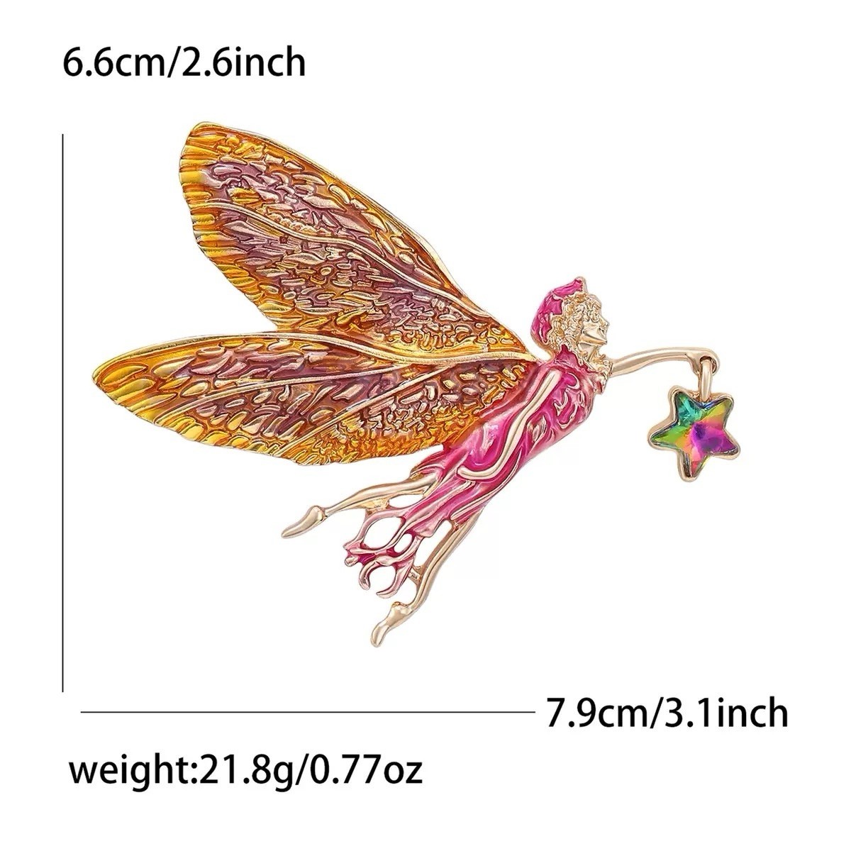 Vintage-Inspired Enamel Fairy Brooch Pendant Pink Wings Moon Star Gold Tone Pin