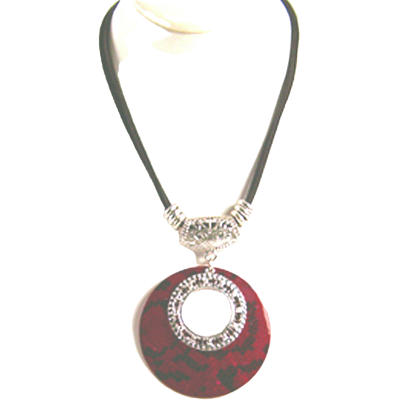 Necklace Red Colorized Shell Pendant Rhinestones Silvertone Metal Black Cord 15″