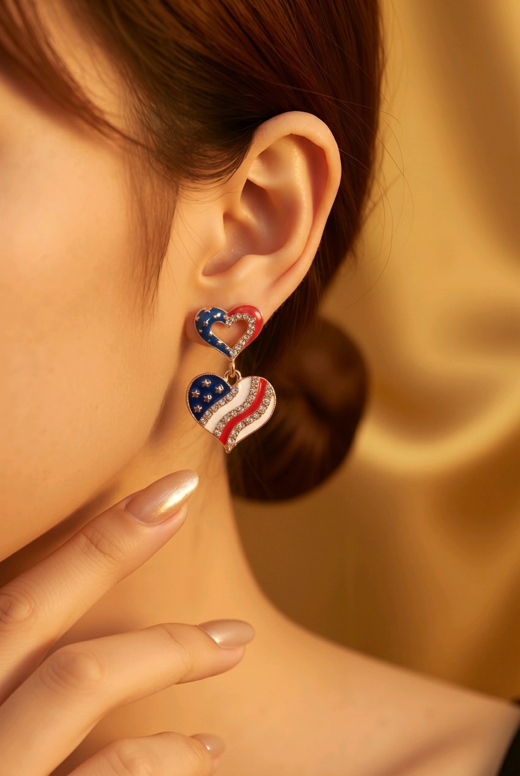 Patriotic USA Flag Heart Dangle Earrings Rhinestone Red White Blue 4th of July
