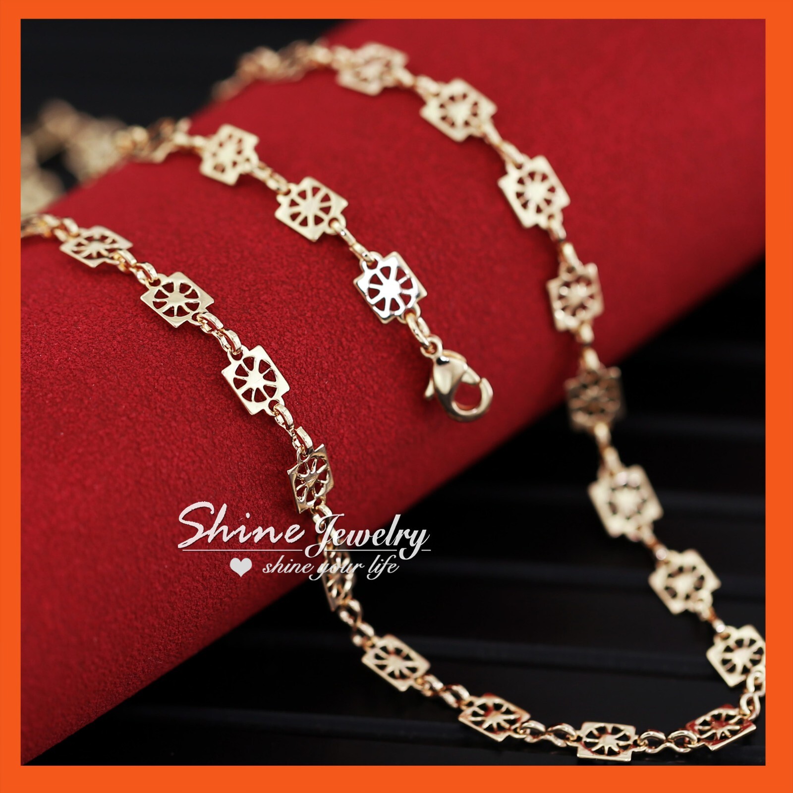9K ROSE GOLD FILLED VINTAGE PATTERN SQUARE DISC MIRROR CHAIN SOLID NECKLACE 45CM