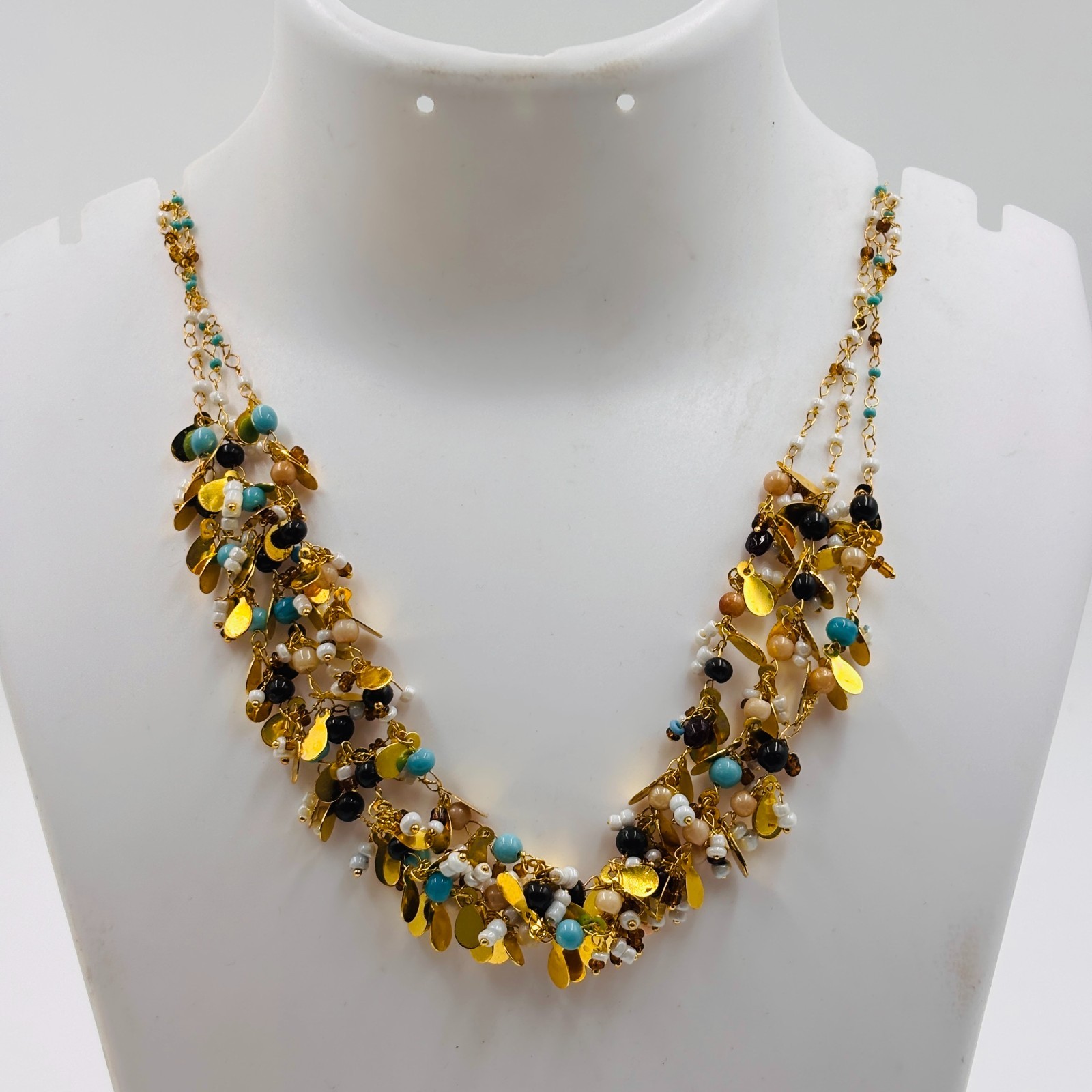 Gold Tone Beaded Statement Necklace Multicolor Charm Boho Ethnic Jewelry