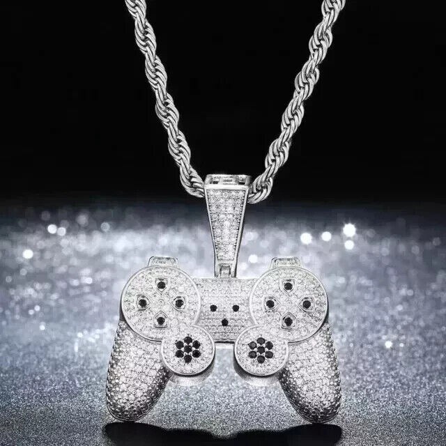 Gaming Remote Shape Pendant Round Cut Simulated Diamond In 14K White Gold Plated