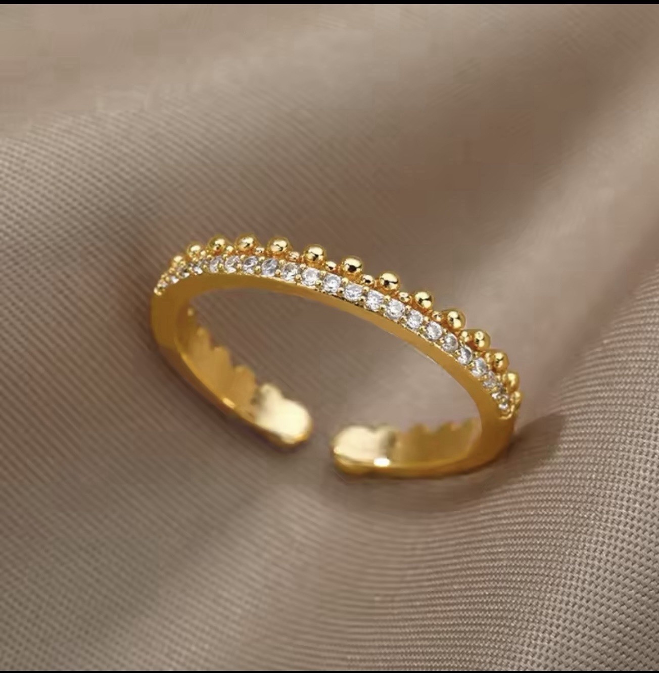 Gold Tone Clear Stone Adjustable Open Band Stackable Ring Resizable New