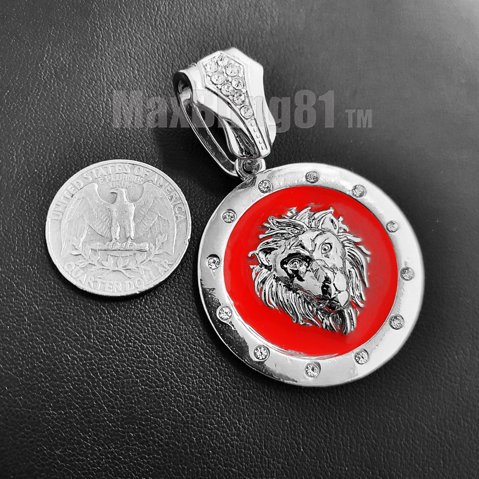 Silver Plated Alloy Lion Medal Pendant Iced Cubic Zirconia Cuban Chain Necklace