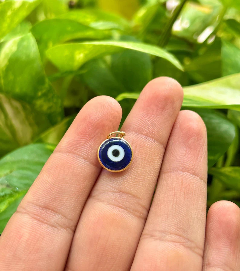 Blue Evil Eye Round Shaped Pendant, 18k Gold Minimalist Charm, Handmade Charm,