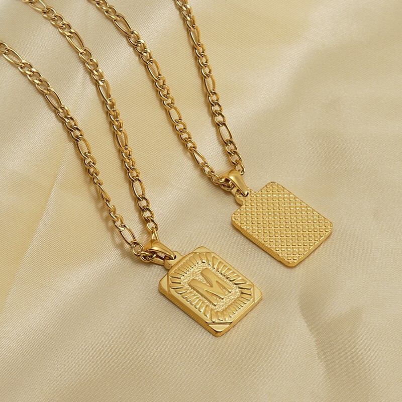 18″ Gold Plated Initial Letter Pendant Necklace Stainless Steel Figaro Chain