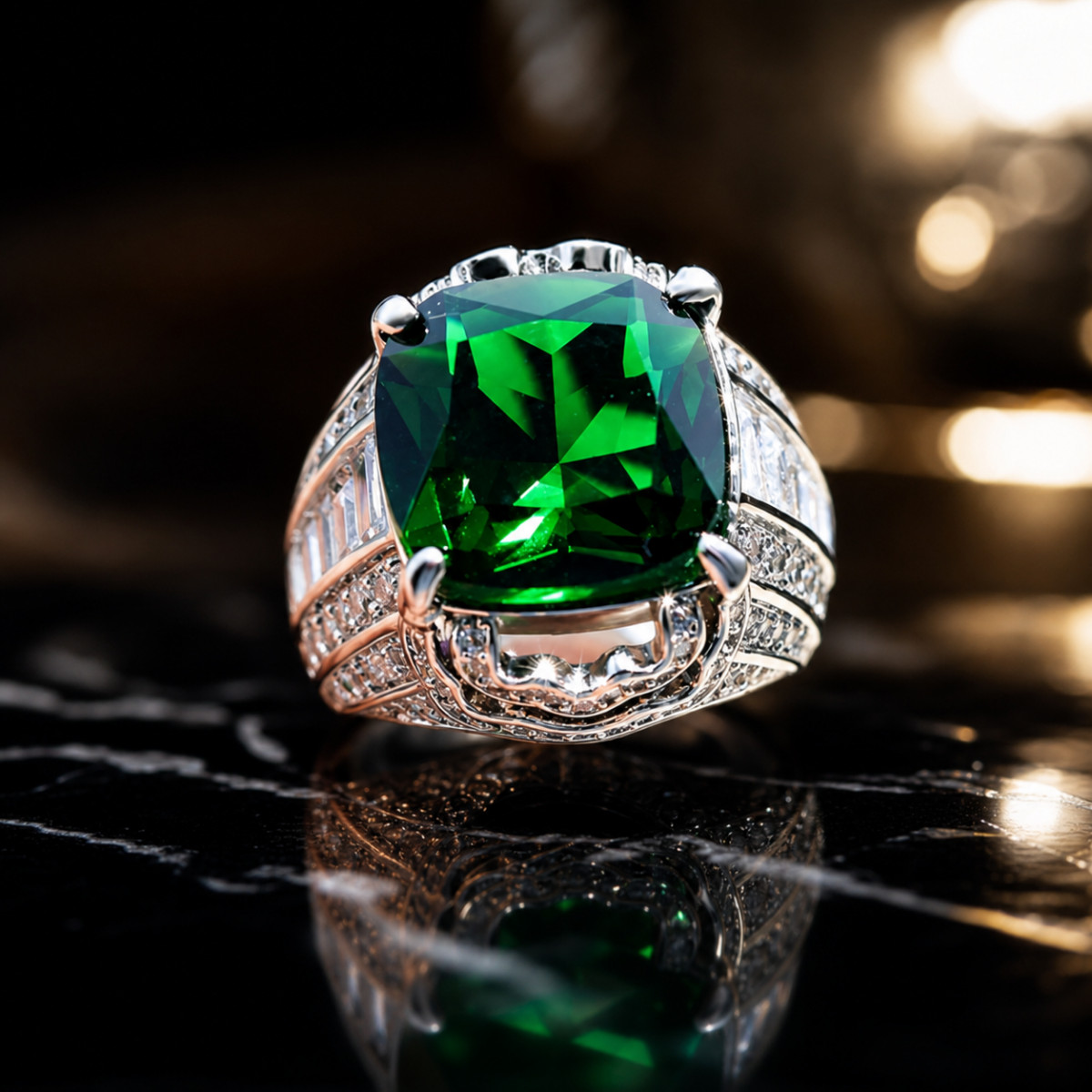 𝟵𝟮𝟱 Silver Filled Ring Women Green Emerald Cushion CZ Cocktail Statement Sz 8