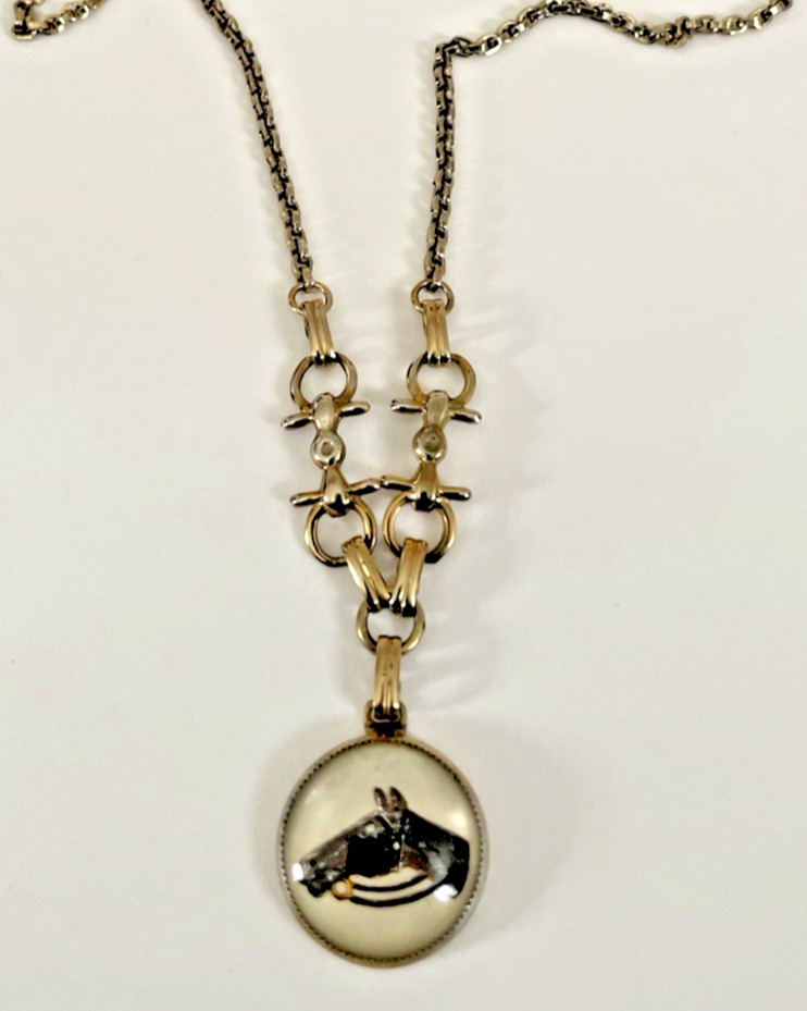 lot of 4 piece set equestrian jewelry concave glass reveres hand painted pendant