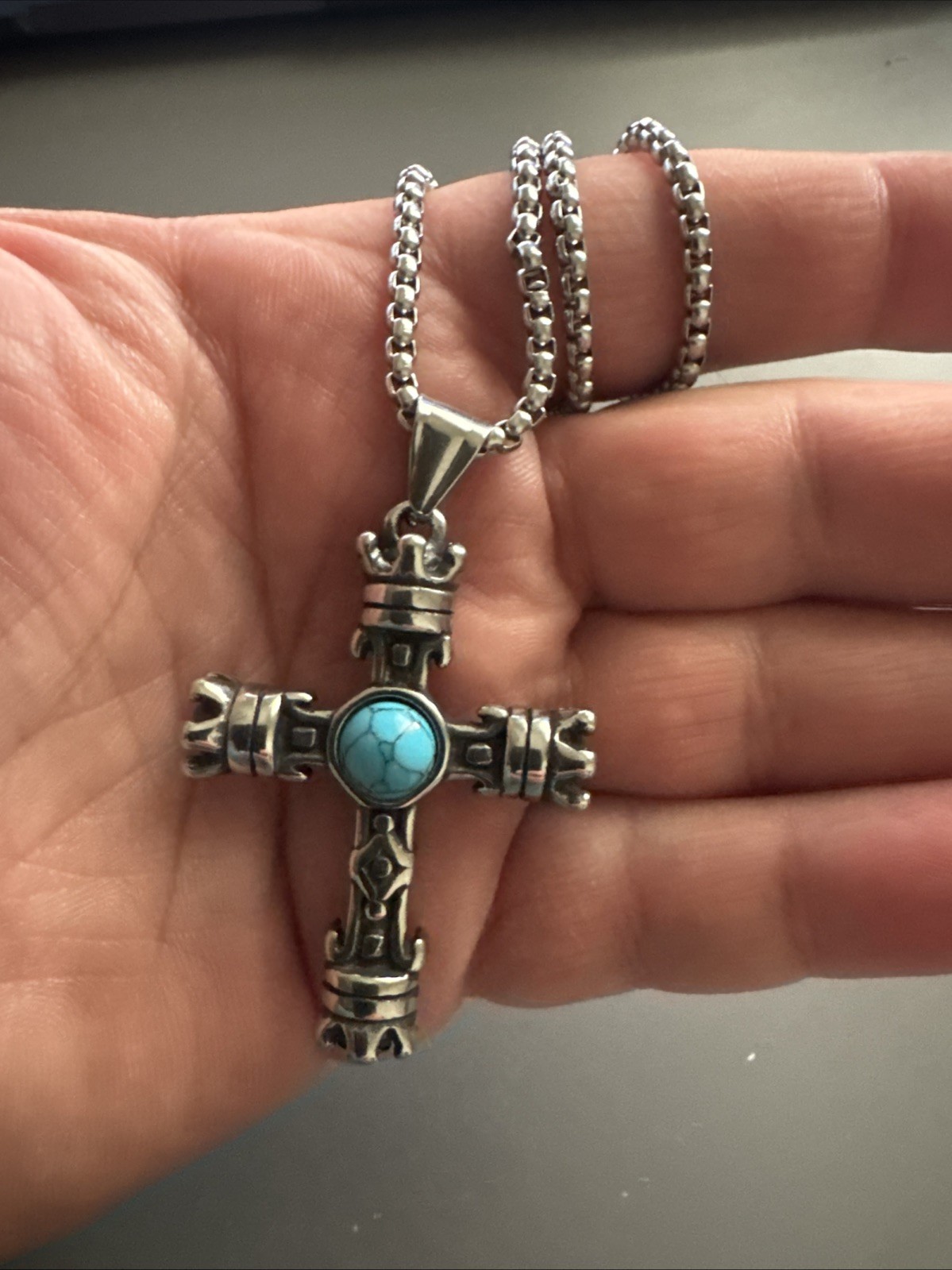 Three-dimensional Cross Pendant Dark Metal Tone Stainless Steel 24” Chain Viking