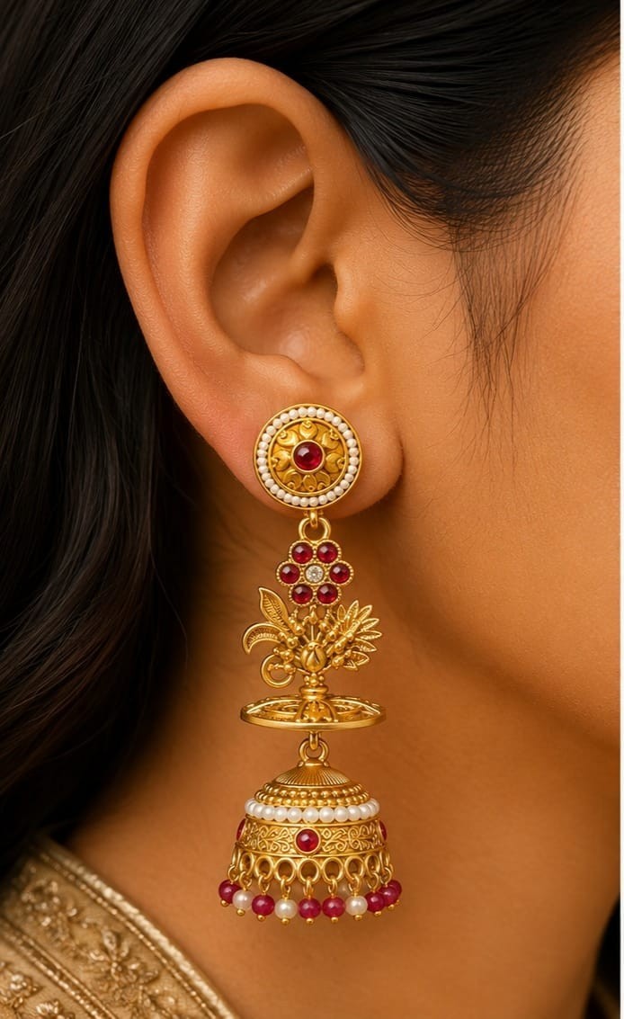 Traditional Indian Gold Plated Jhumka Earrings Red Stone Pearl Dangle Jewelry