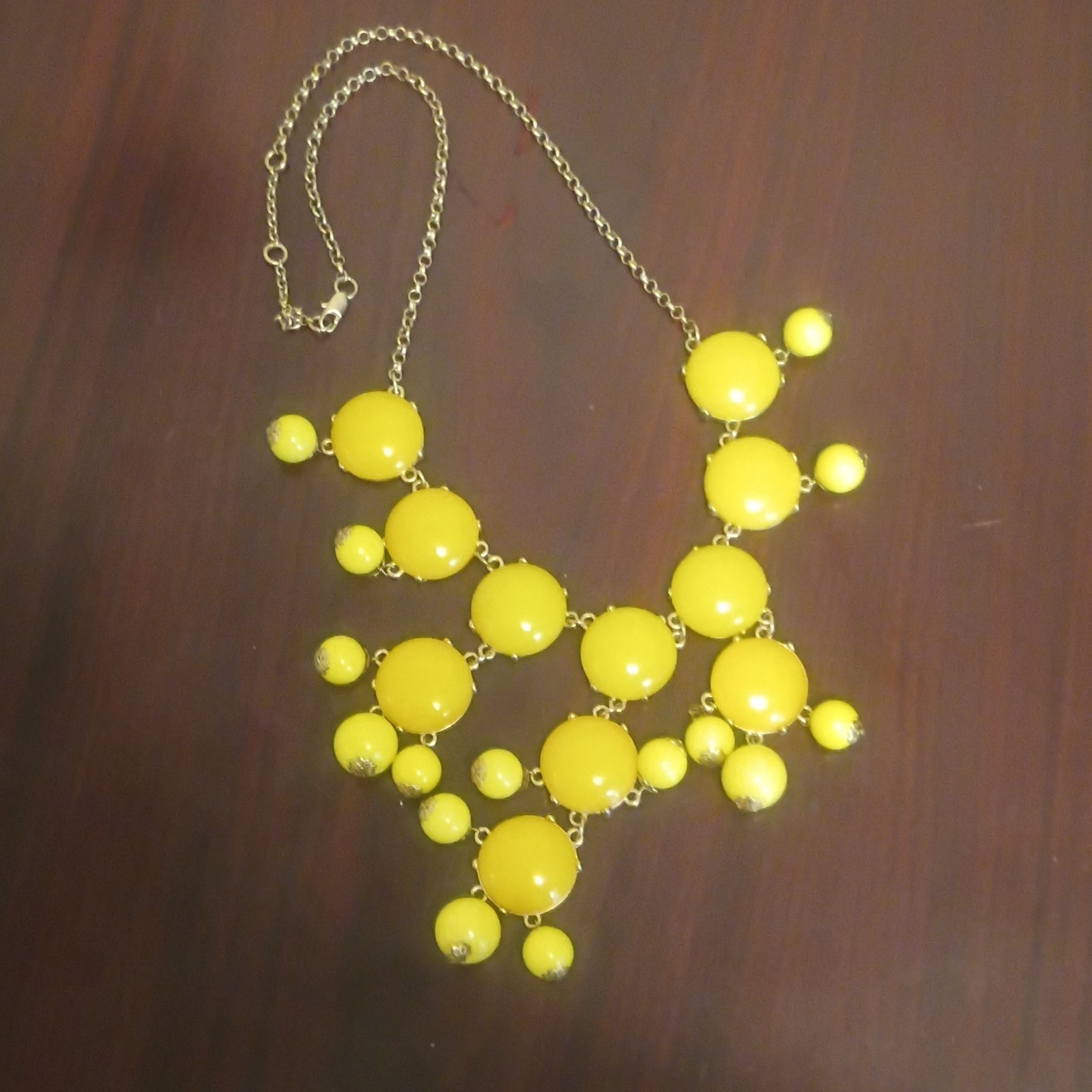 Yellow Statement Beaded Necklace Round Glass Stones Gold Tone Cable Lobster