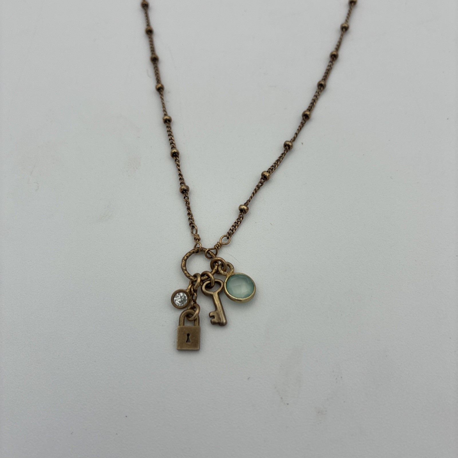 Dogeared Gold Plated Lock, Key, Blue Chalcedony & Swarovski Crystal Necklace