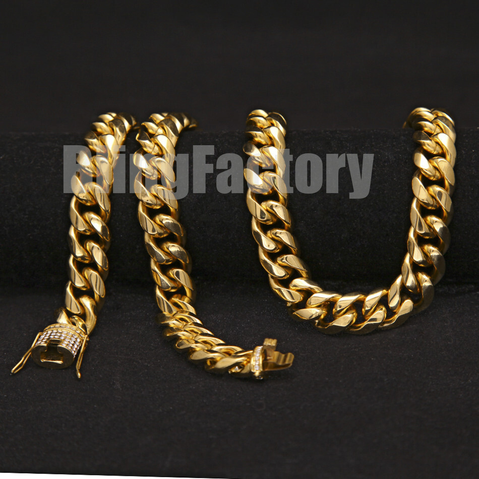 Hip Hop Iced Box Lock Stainless Steel 10mm 12mm Miami Cuban Link Chain Necklace