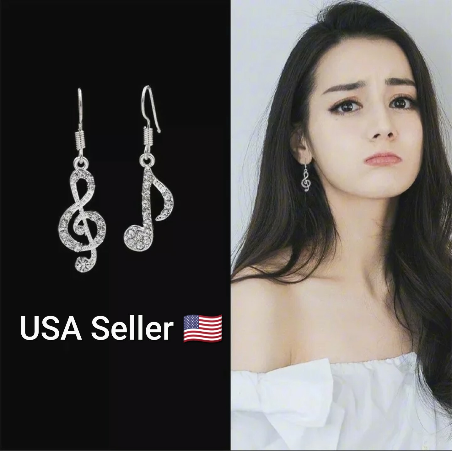 Asymmetric Personality Trendy Music Notes Ear Hook Crystal Silver Color Earrings