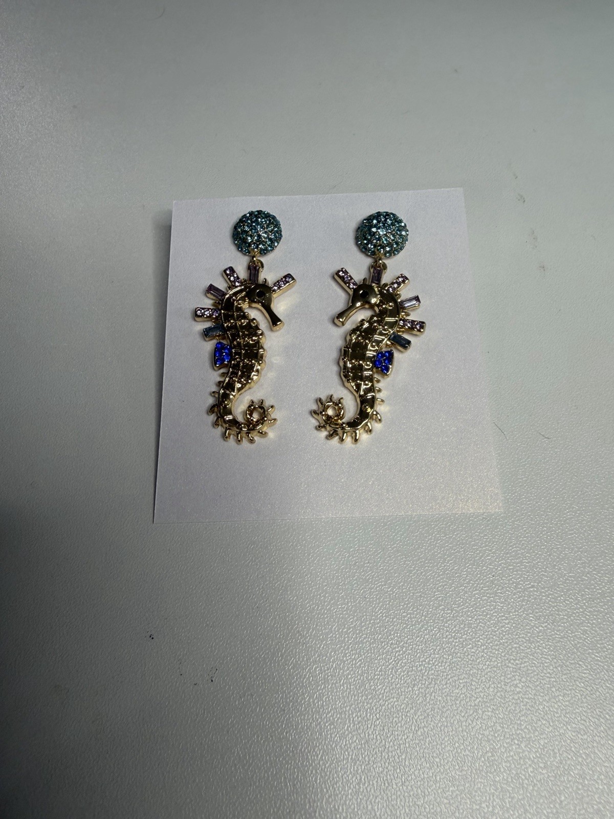 BaubleBar Seahorse Dangle Stud Earrings Gold Light Blue Crystal Rhinestones