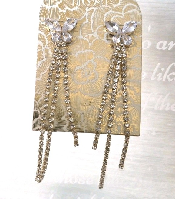 NWT Noir Butterly Rhinestone Crystal Drop Earrings Gold Tone Fashion 3.5 in.