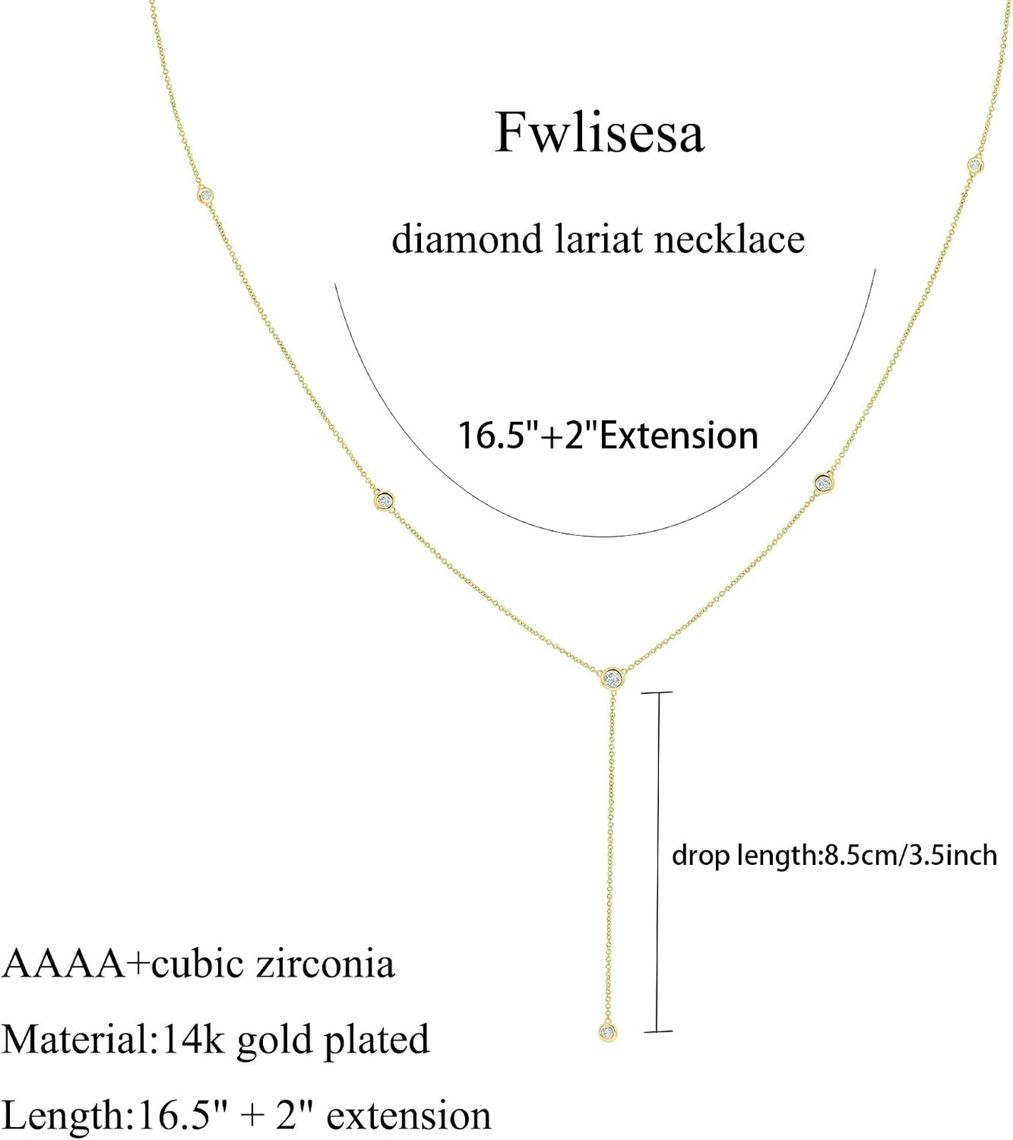 Women’s Gold Necklace, Dainty Long 14k Gold Plated Lariat Necklace, 16.5 Inch