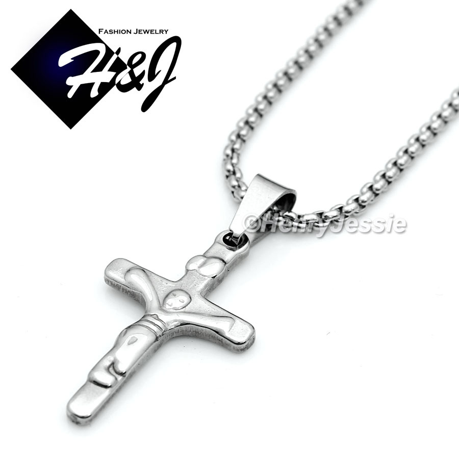 16-30″Stainless Steel 2mm Silver Box Link Chain Necklace JESUS Cross Pendant*J12