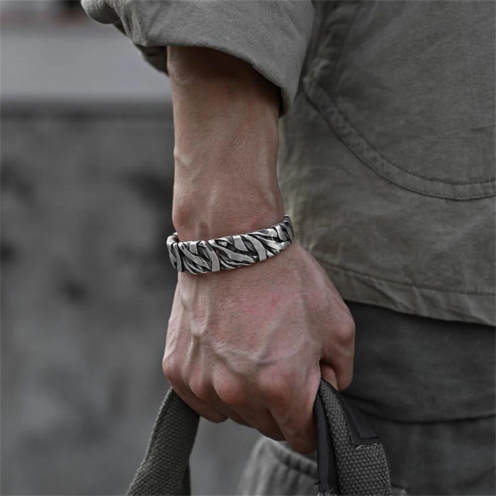Retro C-shaped Braided Alloy Men Bracelet Silver Simple Cuff Jewelry Accessory