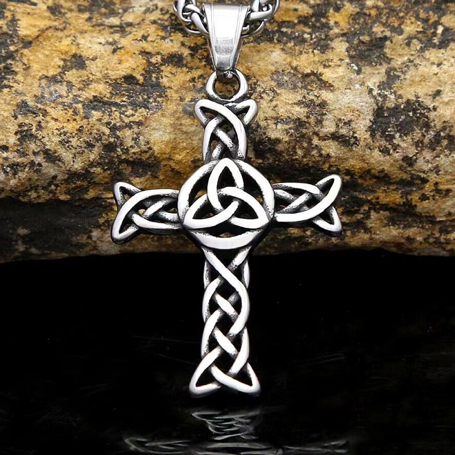 For Men Silver Celtic Cross Trinity Knot Pendant Necklace Chain Jewelry Gift