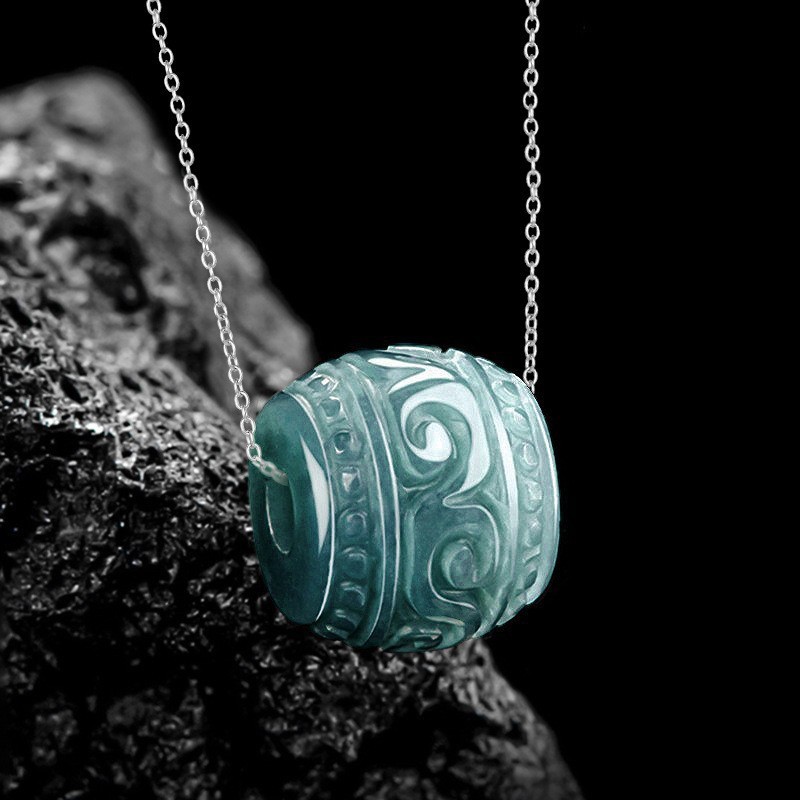 A Grade Icy Blue Water Carved Barrel Jadeite Pendant Certified Holiday Gift