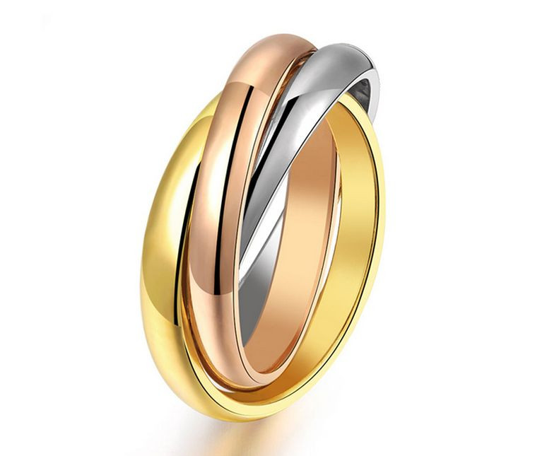 18KGP Stainless Steel 316L Tri Color Interlocking Trinity Rolling Ring Set