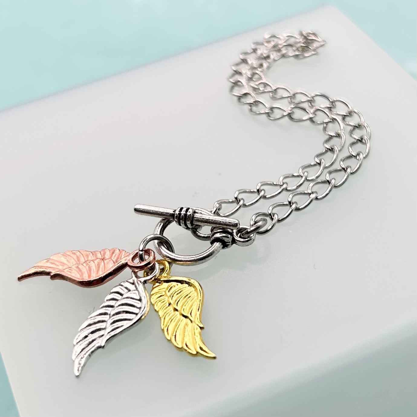 Mini Angel Wing Triple Pendant T-Bar Bracelet (Silver Chain) New Handmade