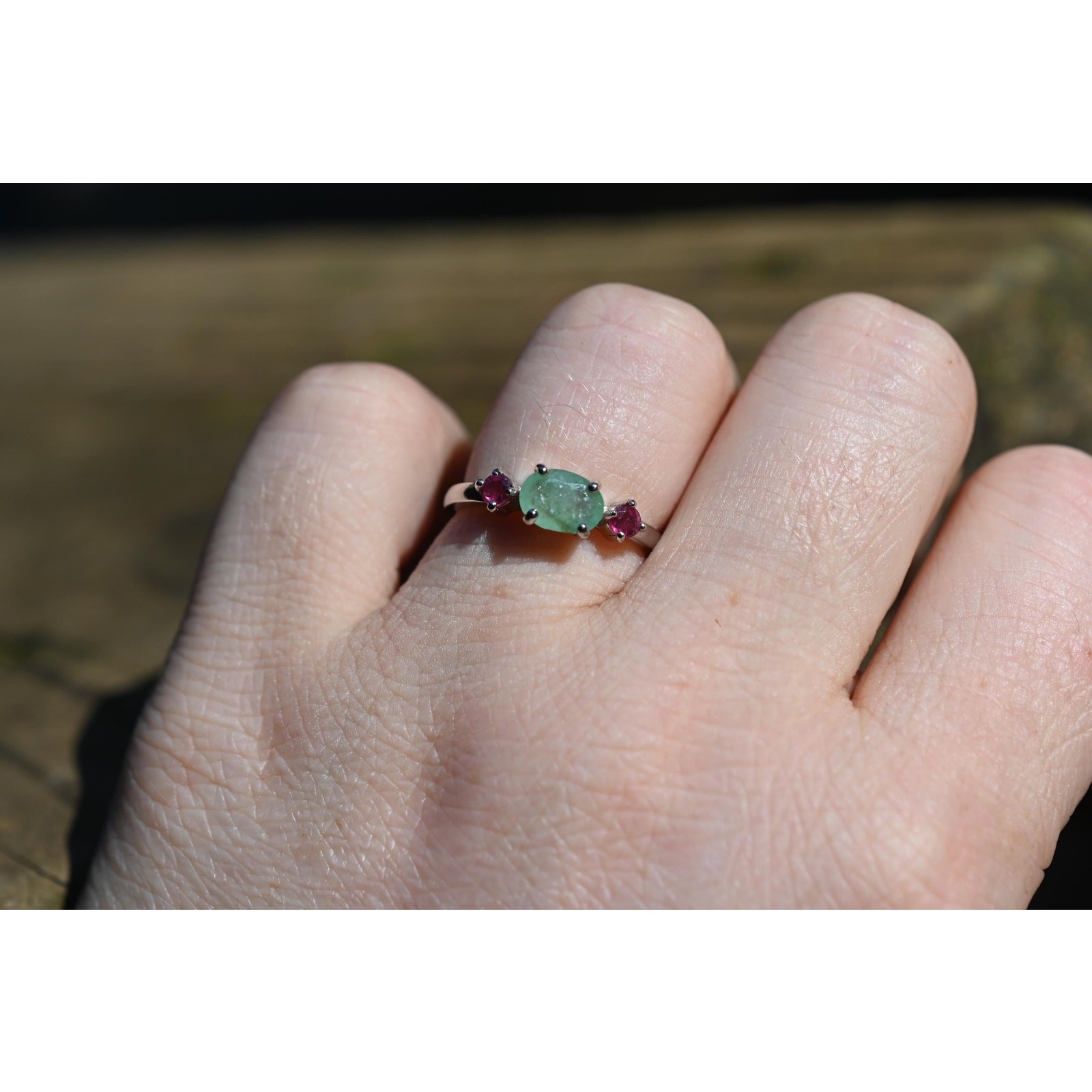 Emerald and ruby engagement ring size 7 in 925 sterling silver