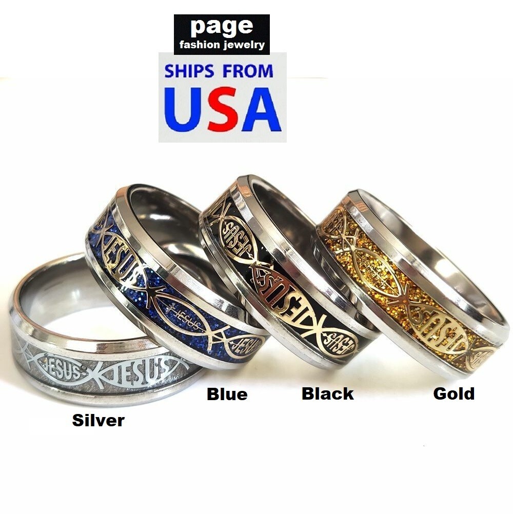 1pc Jesus Fish Christian Men/Women Stainless Steel 8mm Band Ring Size 7-11.5