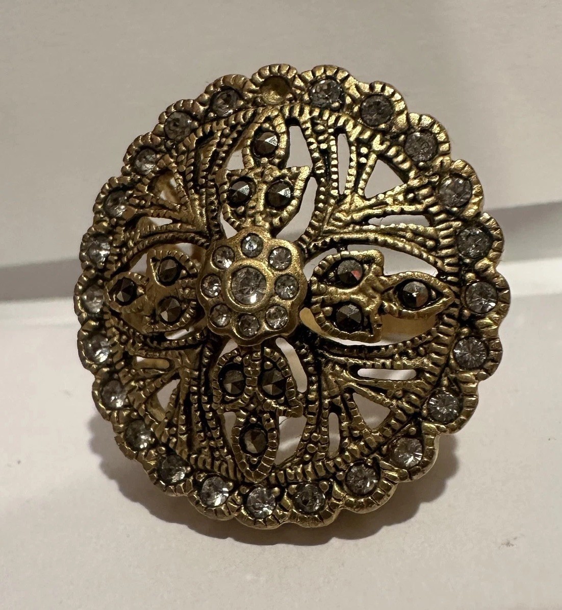 Filigree Shield Gold Tone CZ & Marcasite Rhinestone Cocktail Ring Sz 6 Statement