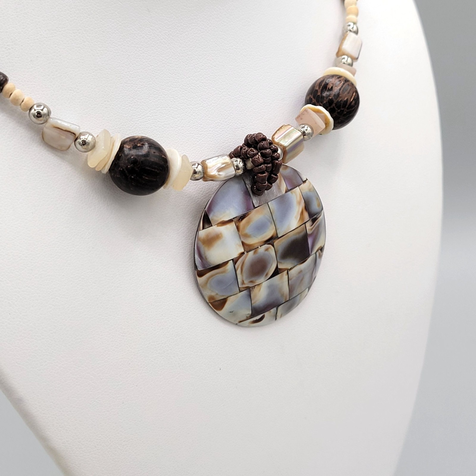 Brown & Beige Beaded Memory Wire Necklace Abalone Spacers Shiny Resin Pendant