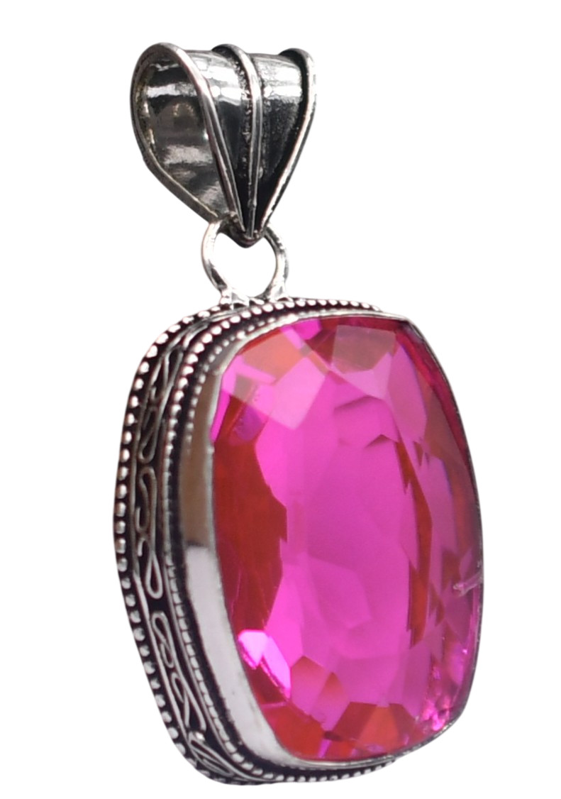 Pink Tourmaline Hydro Gemstone Antique Silver Plated Pendant 2″ J 2055